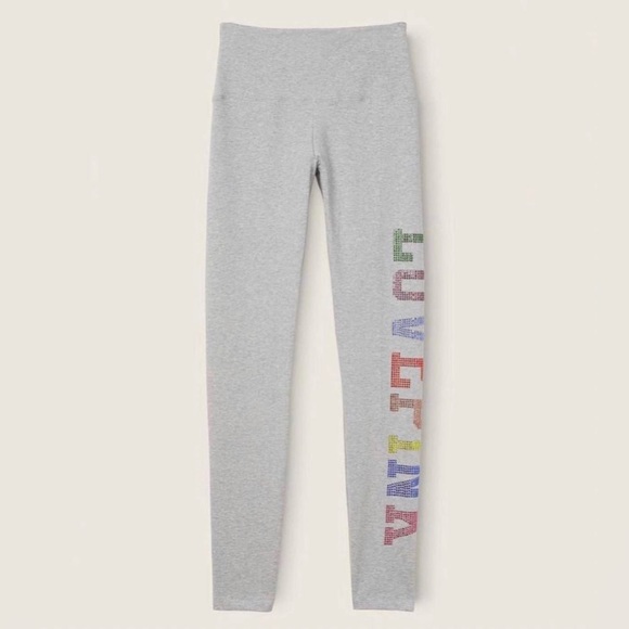 PINK Victoria's Secret Pants - VS PINK HIGH WAIST LEGGINGS GRAY & RAINBOW BLING RHINESTONE LOGO NWT HTF RARE XL